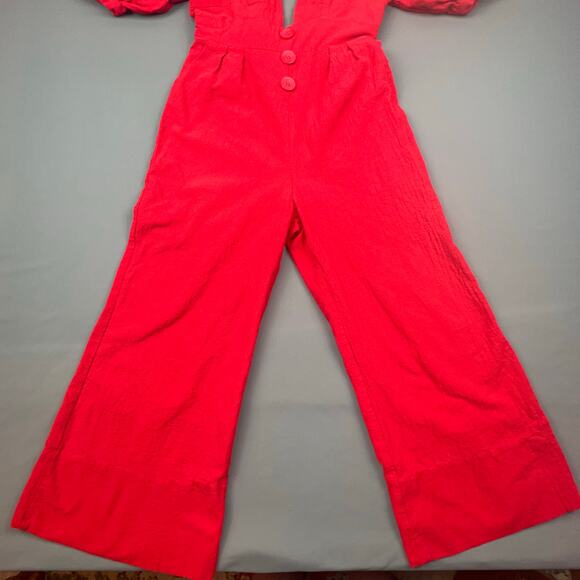 Mulla Red Linen Jumpsuit | Puff Sleeves Deep V Tie Back | Size M - Picture 3 of 10